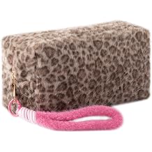 Leopard Print Plush Pencil Case with Wrist Strap Large Capacity Fluffy Pen Pouch for Students Cute Stationery Organizer Bag for School Portable Makeup Cosmetic Bag Brown
