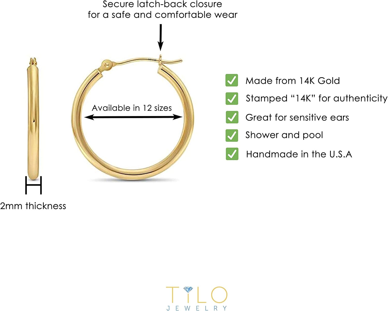 14k Yellow Gold Classic Shiny Polished Round Hoop Earrings, 2mm tube - Image 4