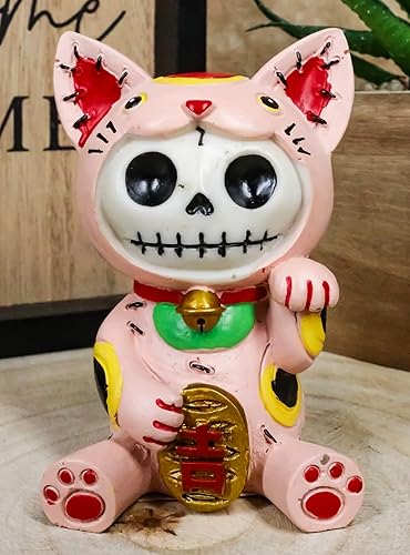 Miniatura 3 de Ebros Gift Furry Bones - Figura de esqueleto de Maneki Neko rosa, gato de la fortuna de la suerte, gatito, con capucha, cráneo, monstruo, esqueletos