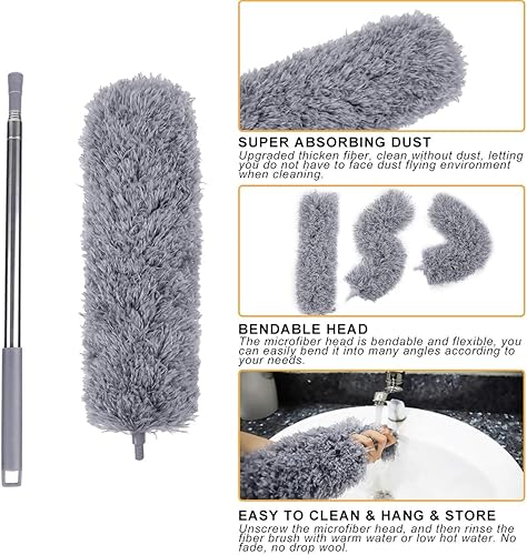 Miniatura 3 de Plumeros de microfibra para limpieza con poste de extensión (30-100 pulgadas), con 2 cabezales flexibles, cubierta resistente a los arañazos,