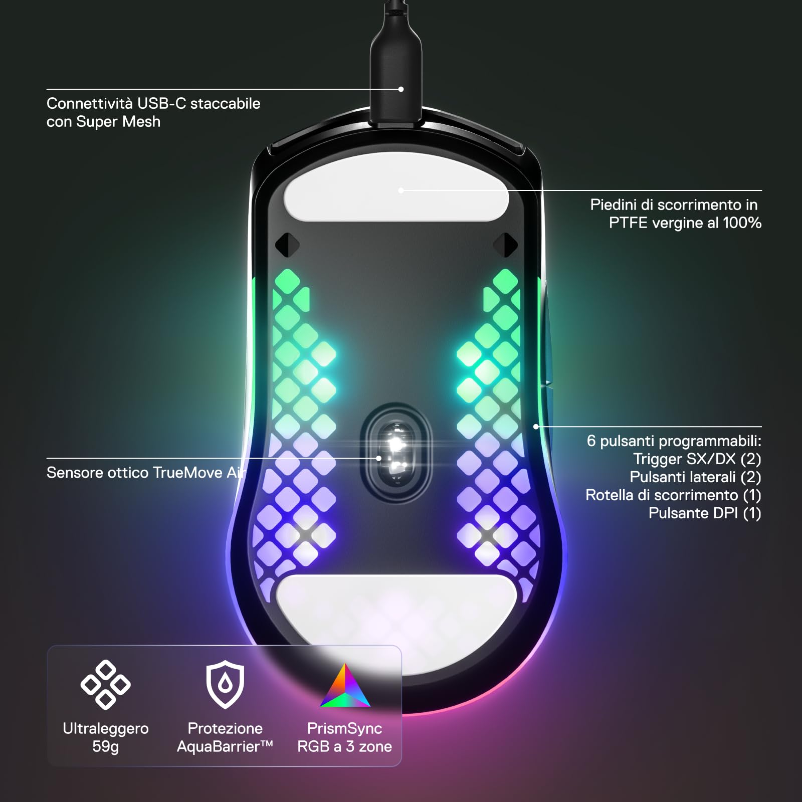 SteelSeries Aerox 3 - Mouse da gioco RGB traforato - Design ultraleggero e resistente all'acqua - Sensore ottico TrueMove Core da 8.500 DPI - Onyx