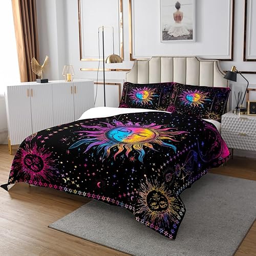 Miniatura 3 de Erosebridal Juego de edredón bohemio de sol y luna, juego de colcha hippie bohemio de 3 piezas, ropa de cama colorida teñida con lazo, juego de