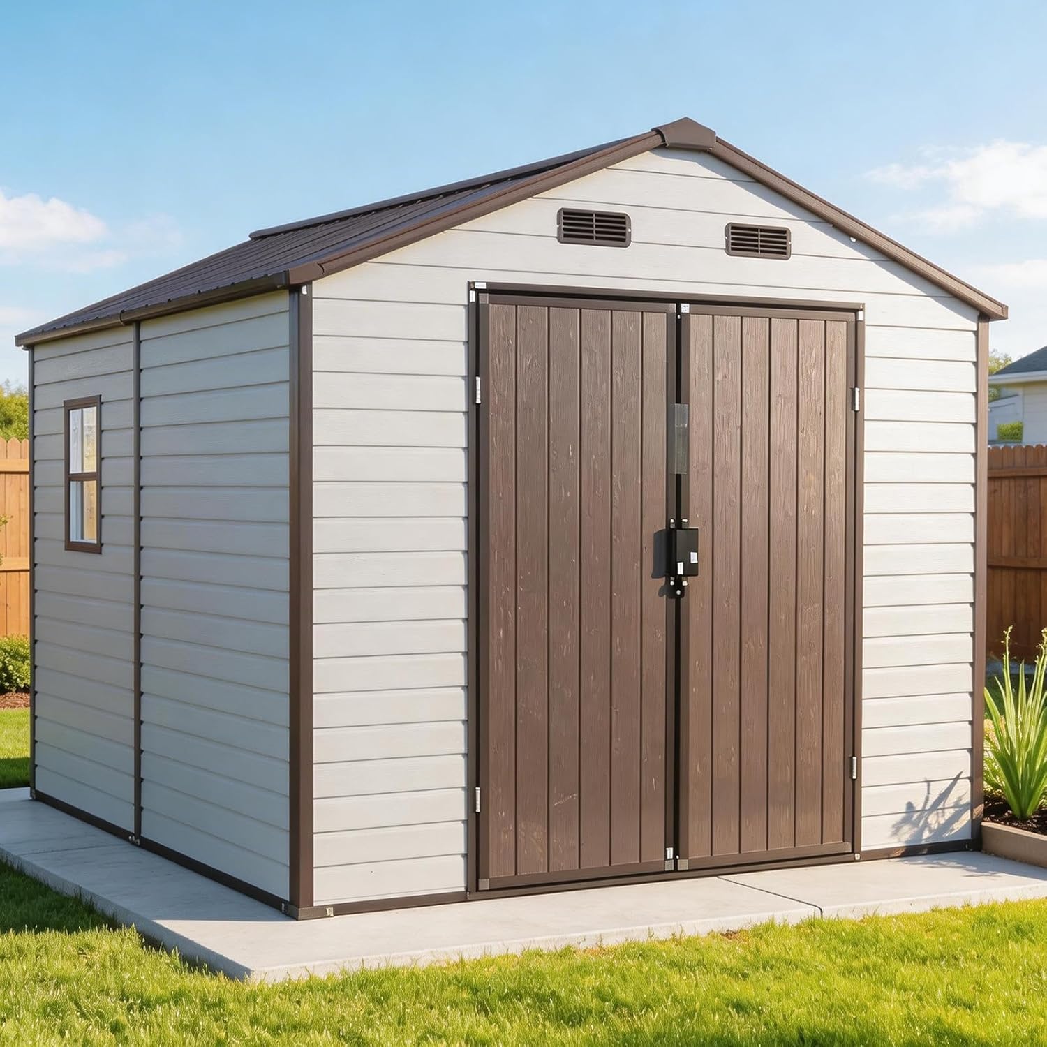 8x8 FT Resin Shed with Floor, Outdoor Storage Shed, Brown+White