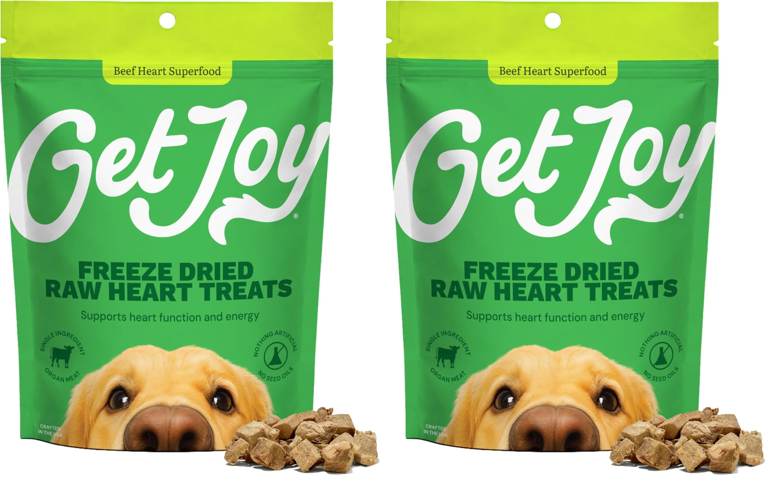 Get Joy Freeze Dried 100% Beef Heart Dog Treats, 2oz | Single Ingredient Organ Meat, High Protein Raw Dog Food Topper, Snack & Training Rewards | Grain Free, Gluten Free, Filler Free (Pack of 2), Beef Heart, 2 Ounce (Pack of 2)