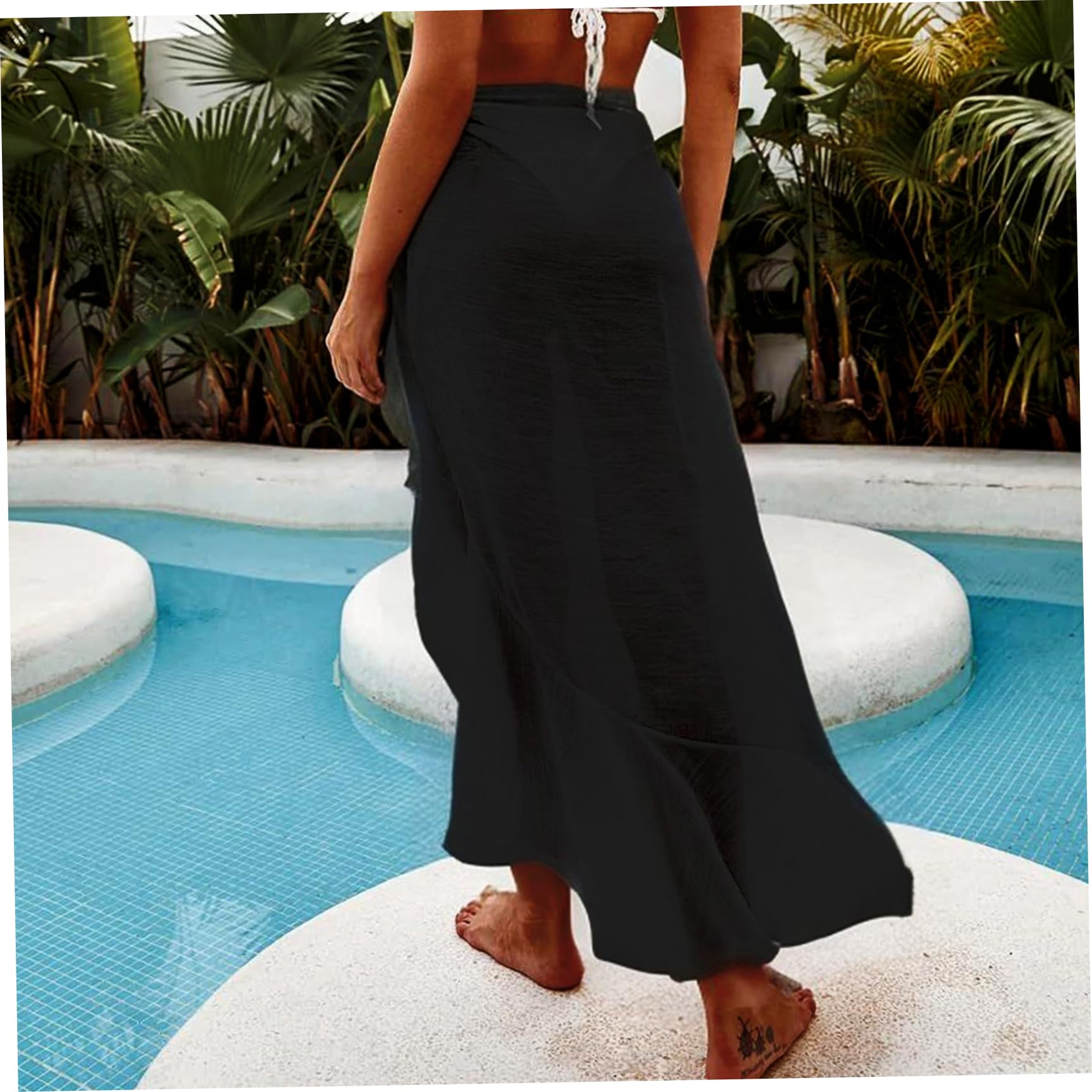 NIDONE Schwarze Sarong, Sarong -Wraps für Frauen Midi Ruffle Schwarz einstellbare Einheitsgröße Womens Beach Cover Up Bikini Badeanzug