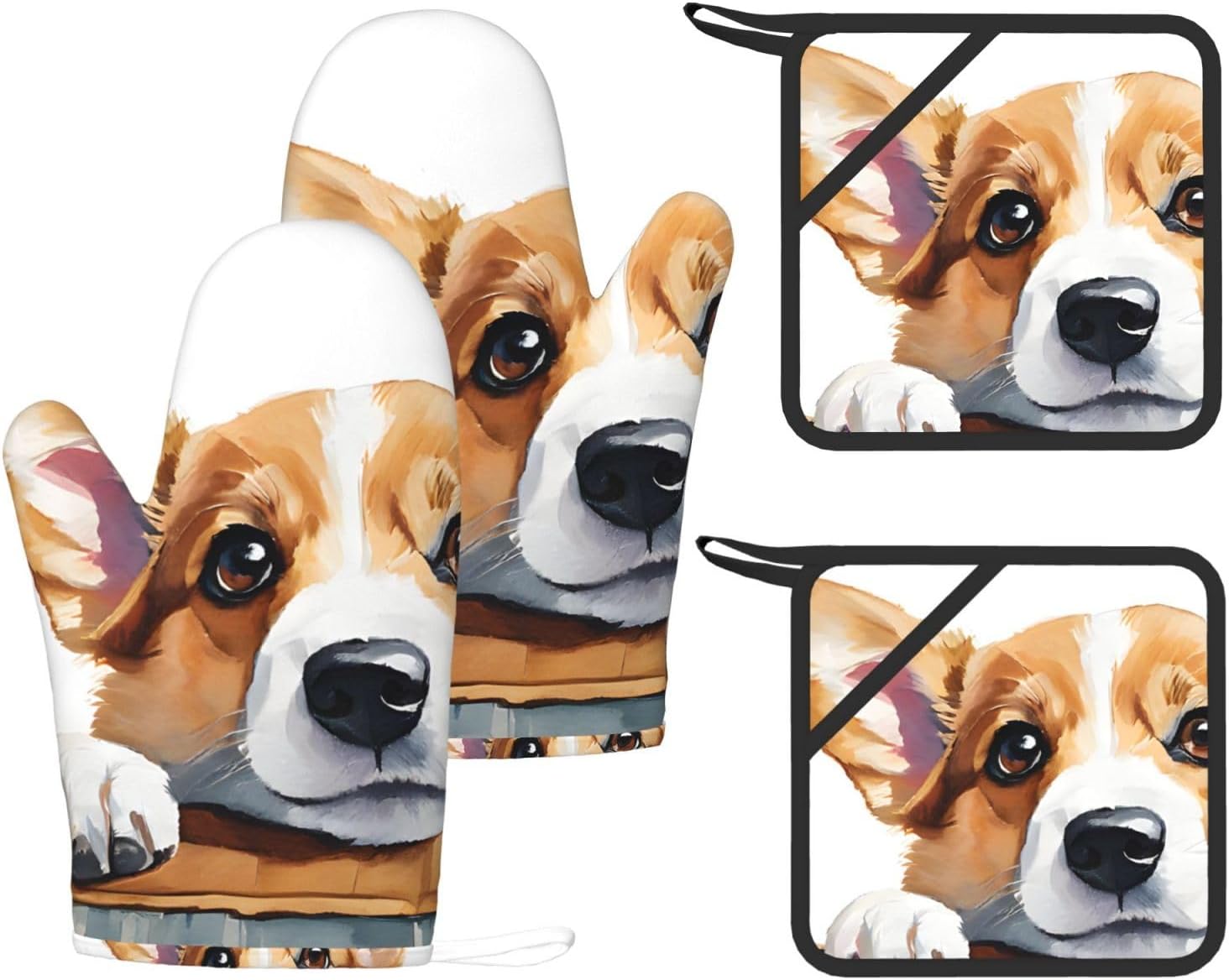 Cute Corgi Oven Mitts and Pot Holders Set of 4 Heat Resistant Kitchen Gloves with Silicone Palm Hot Pads for Baking Cooking Grilling BBQ