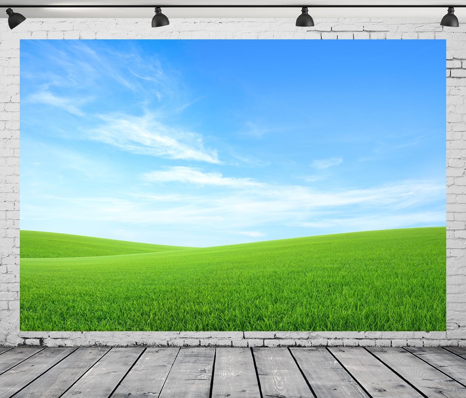7x5ft Fabric Green Grass Field Sky Backdrop Spring Blue Sky White Cloud Background for Photography Green Meadow Decorations Kids Birthday Party Baby Shower Photoshoot Studio Props