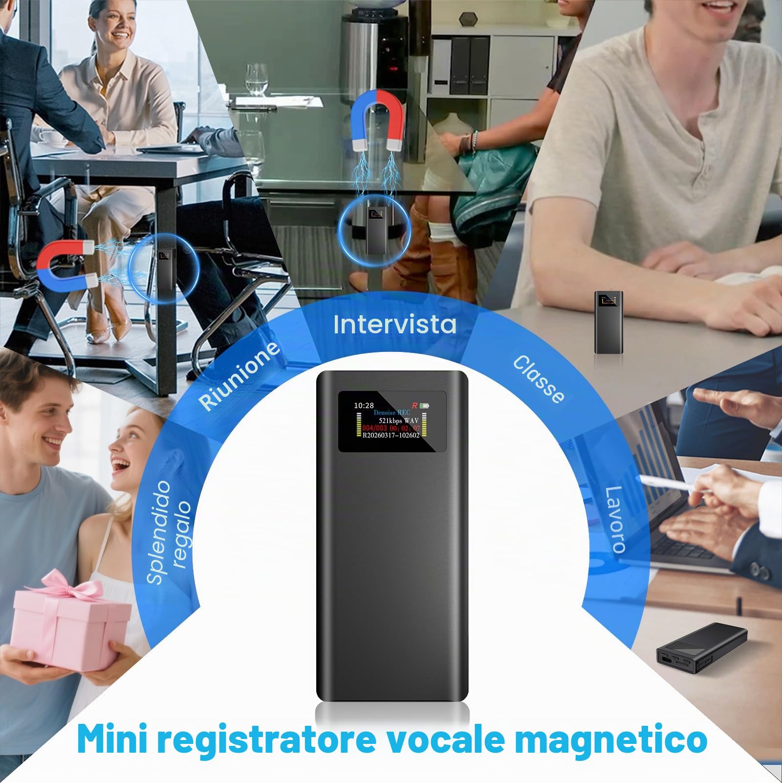 32GB Registratore Vocale Magnetico con Autonomia 350 Ore, Espansione Scheda TF, Riproduzione Altoparlante e Registrazione con un Clic, Dispositivo Portatile USB‑C per Riunioni e Interviste