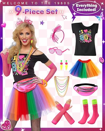 Miniatura 2 de CEELGON Traje de los años 80 para mujer, accesorios de los años 80, disfraz, vestido estilo 1980, ropa de neón, camiseta de neón, falda tutú