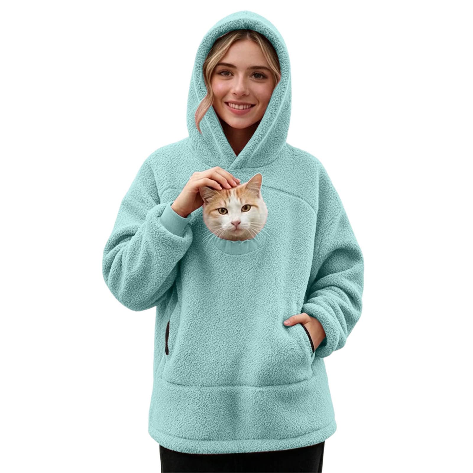 Pet Pouch Hoodie, Jumper with Cat Pocket Dog Puppy Carrier Warm Fluffy Winter Fleece Pullover Sherpa Funny Sweatshirts with Kangaroo Pouch for Pet Lover