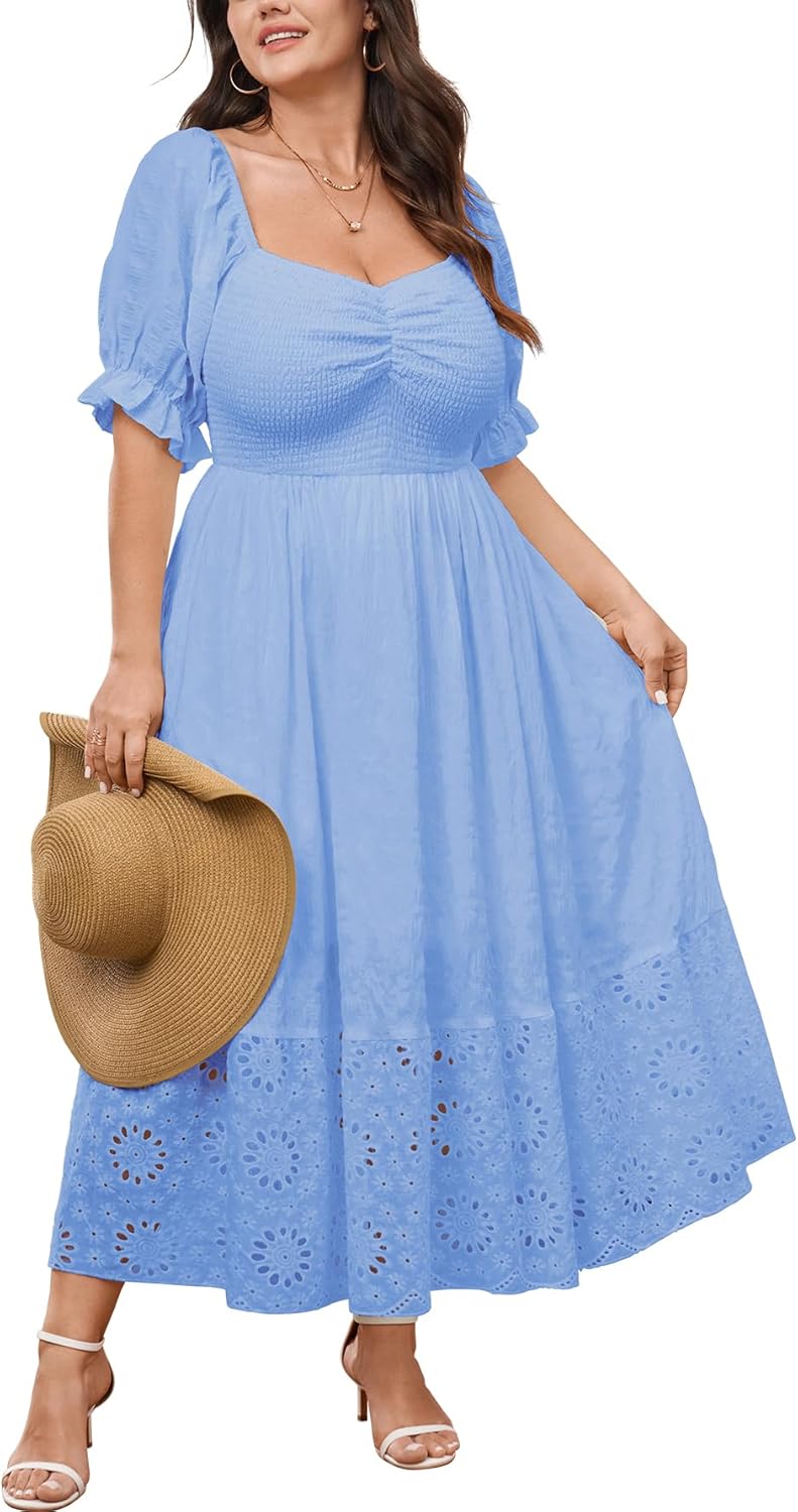 SCOMCHIC Womens Plus Size Summer Dresses Short Sleeve Sweetheart Smocked Lace Eyelet Casual Flowy Boho Maxi A Line Dress