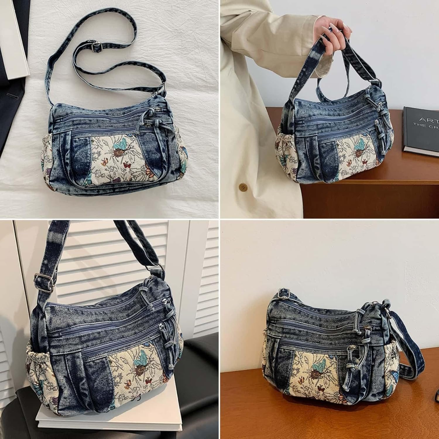 Crossbody Bags Purse for Women Trendy Travel Denim Shoulder Underarm Handbag Fashion Y2K Contrasting Butterfly Pattern