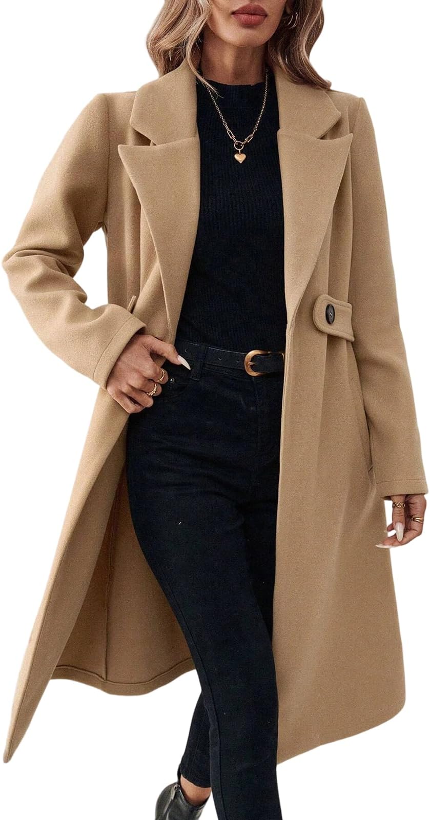 Womens Winter Wool Blend Coat Notch Lapel Mid Long Single Breasted Pea Coats Jacket Outwear Work Office Overcoat for Ladies