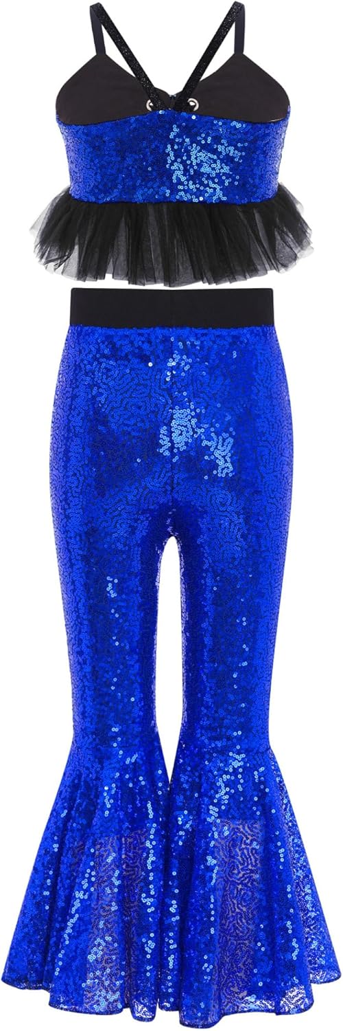 JEYPINMI Little Girls Sequins Birthday Party Clothes Camisole Top with Bell-Bottom Pants Hip Hop Jazz Dance Outfit Blue 16 Years