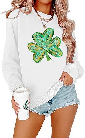 Women St. Patricks Day Sweatshirts Shamrock Clover Print Long Sleeve Shirts Casual Irish Gift Pullover Tops
