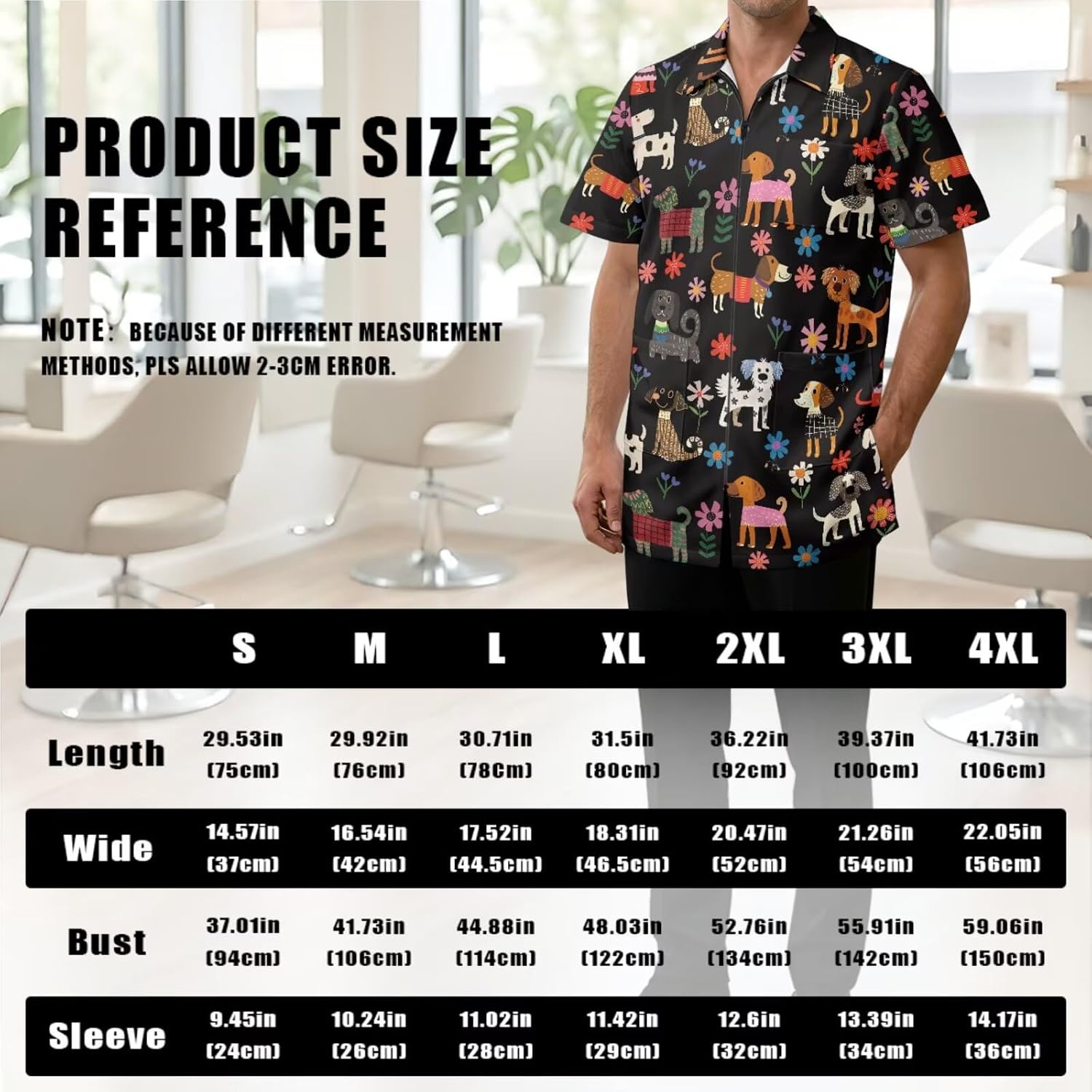 Print Grooming Smock for Women Men 3 Pockets Water & Hair Repellent | Breathable Concealed Full Zipper Hairstylist Barber Jacket Print Pet Grooming Salon Barbershop Hair Salon Hair Studio Uniform