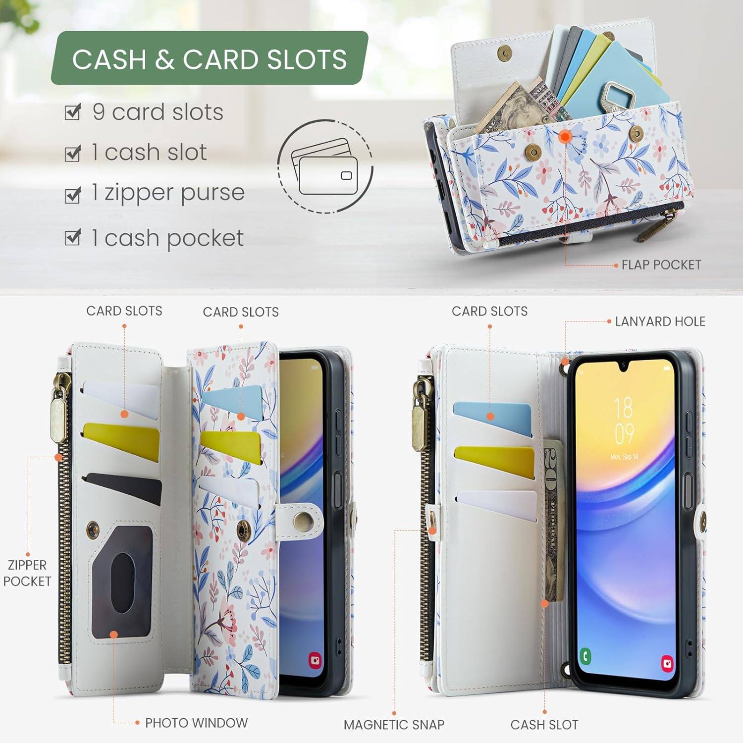 for Samsung Galaxy A16 Case Wallet with RFID Blocking Card Holder Colored Drawing PU Leather Magnetic Snap Flip Zipper Strap Wallet Phone Case Fit for Galaxy A16,Leaf