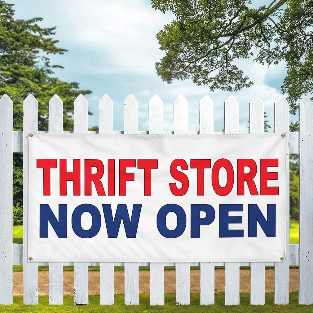 Vinyl Banner Multiple Sizes Thrift Store Now Open Red Blue Business Outdoor Weatherproof Industrial Yard Signs 8 Grommets 48x96Inches