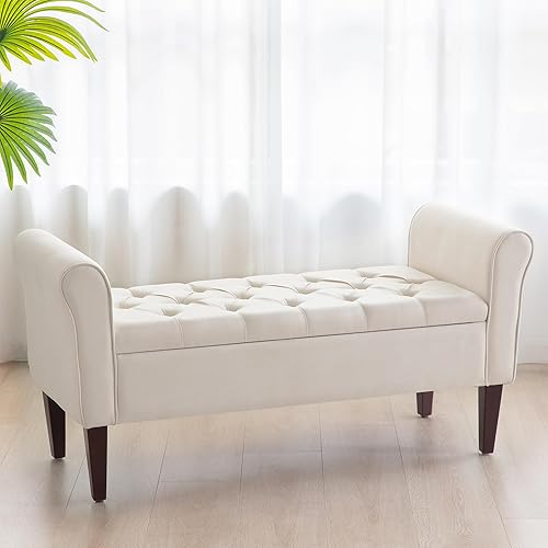 Miniatura 56 de HUIMO Banco de almacenamiento de 48 pulgadas, otomana de almacenamiento con brazos con patas de madera maciza de 7.5 pulgadas, banco de pie de cama