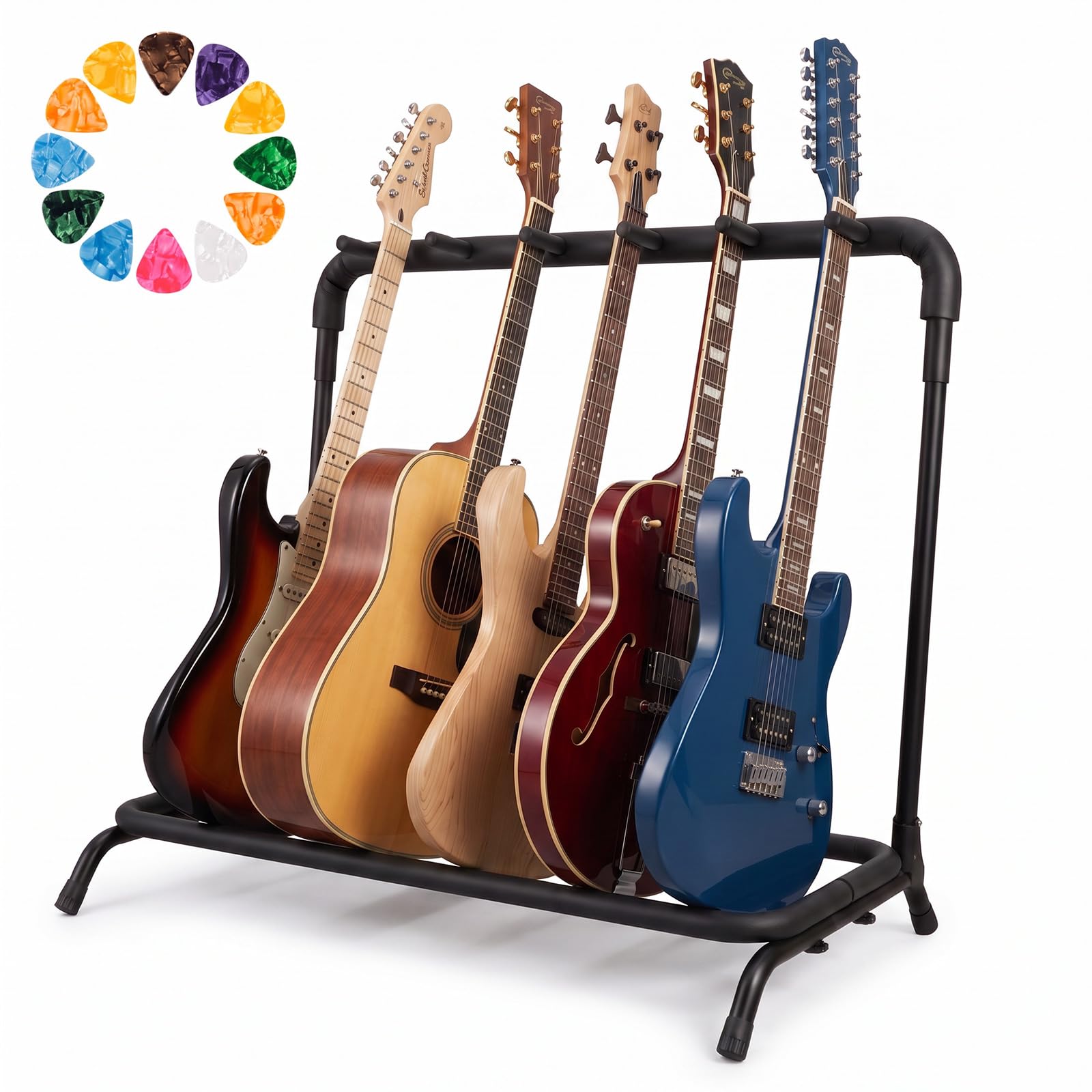 Multi Gitarrenständer Rack - Faltbarer Multi Gitarrenständer - Universeller Gitarrenhalter für 5 Gitarren - Ideal für Akustikgitarre, E-Gitarre, Bass