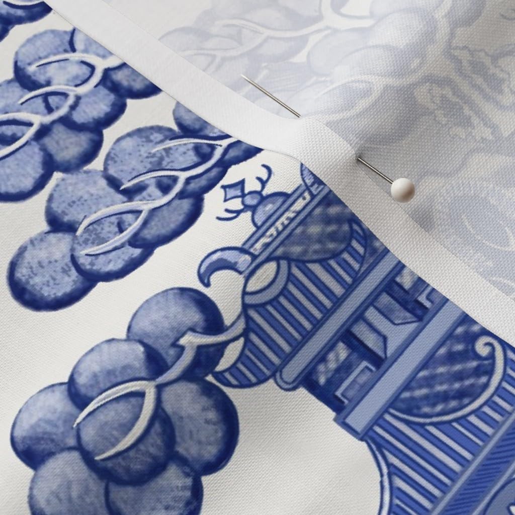 Spoonflower Fabric - Pagoda Chinoiserie Blue Toile Chinese Botanical Garden Willow Printed on Petal Cotton Fabric by The Yard - Sewing Quilting Apparel Crafts Decor