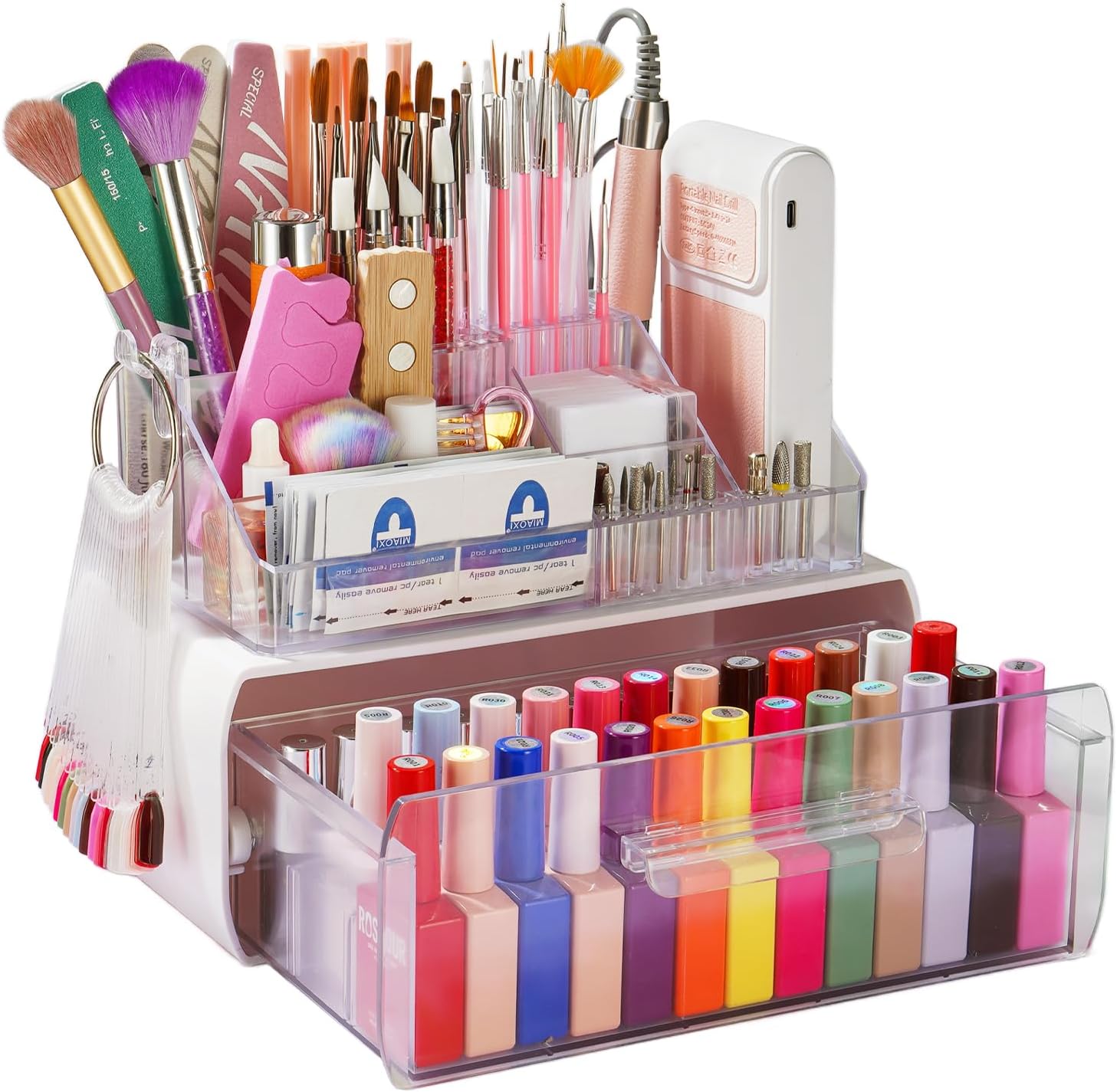 Wilfniee Nail Tech Desk Organizer Case: 2 Layers Nail Tech Organizers with Nail Polish Storage Drawer- 53 Holes Nail Drill Bits & Nail Brushes Pens Holder for Manicure Nail Supplies (Clear)