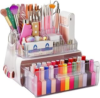 Wilfniee Nail Tech Desk Organizer Case: 2 Layers Nail Tech Organizers with Nail Polish Storage Drawer- 53 Holes Nail Drill Bits & Nail Brushes Pens Holder for Manicure Nail Supplies (Clear)