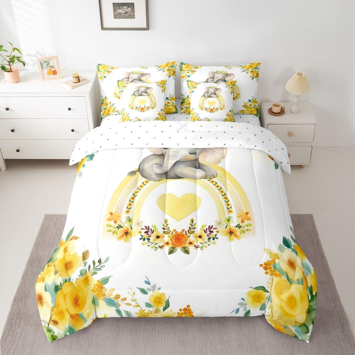 Erosebridal Elephant Comforter Set Bohemian Colorful Flower Floral Bed in A Bag Full Size 7 Pieces Rainbow Heart Pattern Bed Set Room Decor African Ethnic Tribal Animal Bedding with Sheets