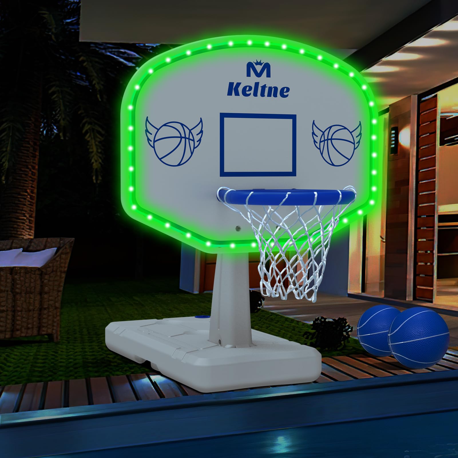 Solar Pool Basketball Hoop with Lights, 34"x34"x42.2" Oversized Swimming Pool Toys with 2 Balls/Pump for Poolside Water Basketball Game, High Brightness LED Poolside Basketball Hoop for Kids & Adults
