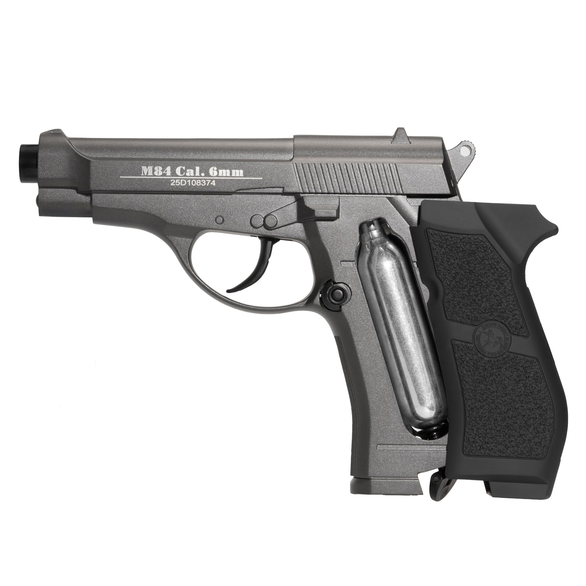 Pistola CO2 softair M84 full metal nera, POTENZA 0,9 JOULE, caricatore thin 15 colpi, sicura/singolo, CO2 nel calcio, 165mm 700g, bundle 1000 pallini + 5 bombolette
