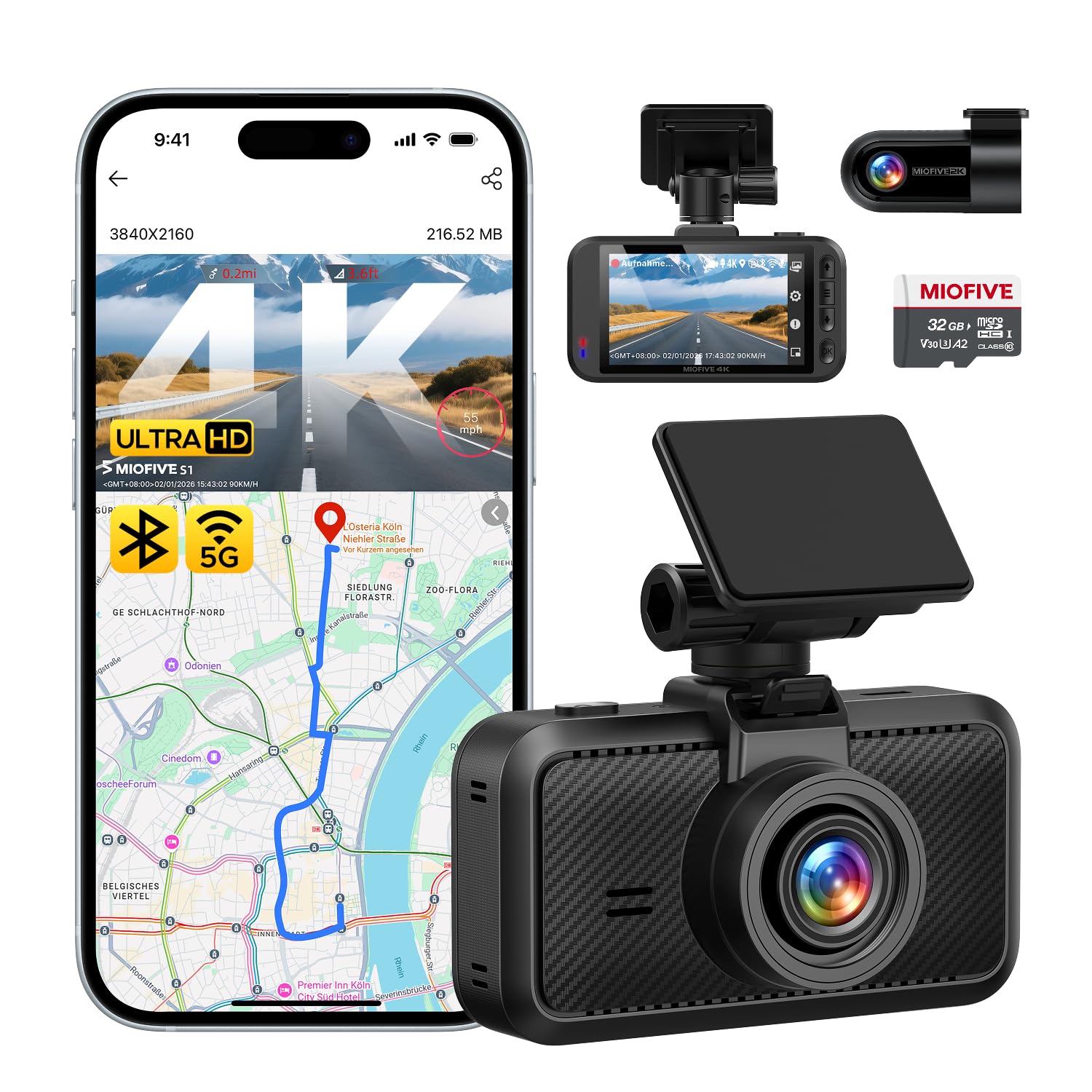 Miofive Dashcam für Front- und Rückkamera 4K/2K, GPS, WiFi, Bluetooth, 3-Zoll-IPS-Display, Nachtsicht, Loop-Aufnahme, HDR, App-Steuerung und unterstützt bis zu 512 GB mit einer kostenlosen 32-GB-Karte