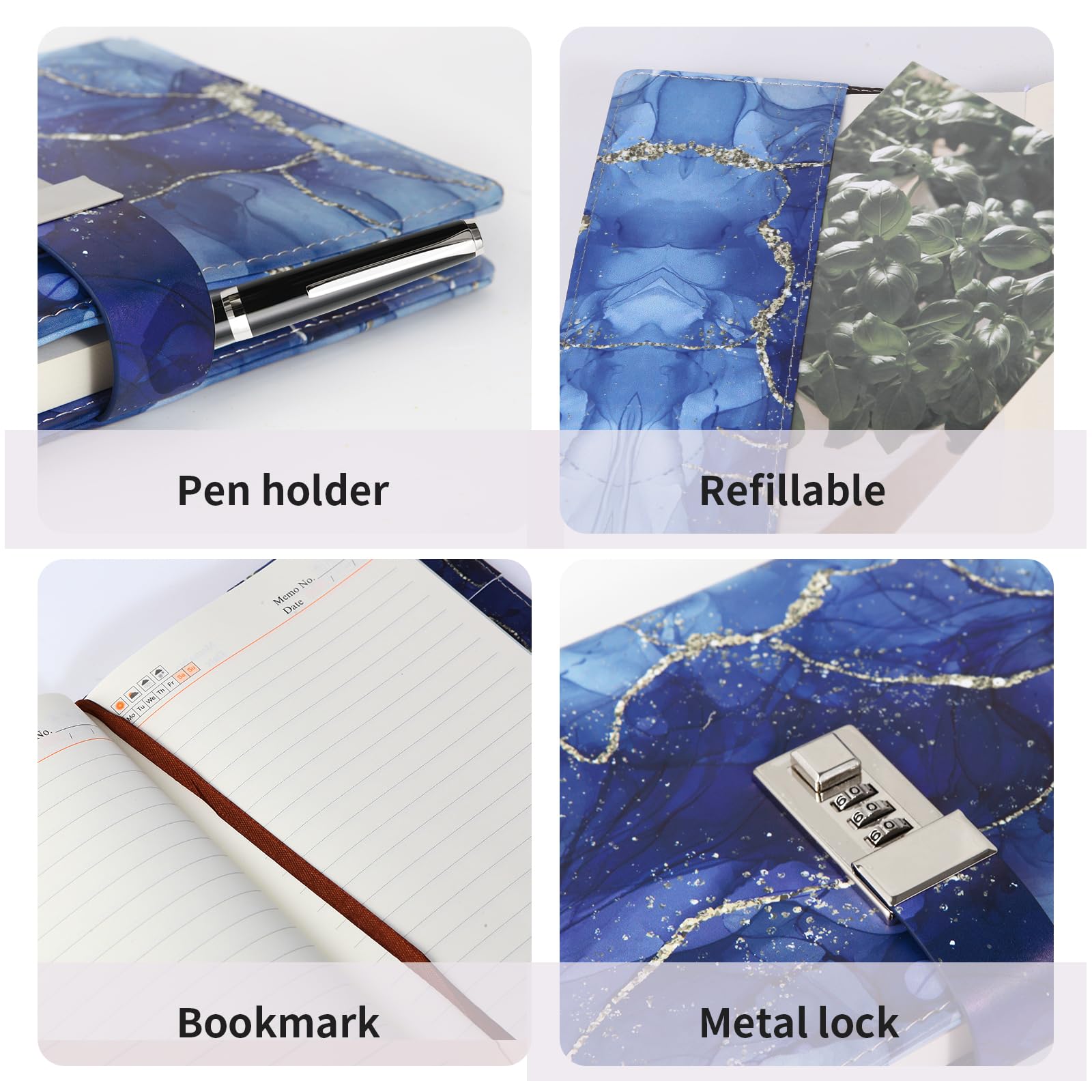 LMTNNB Marble Diary with Lock for Girls and Women A5 Leather Locked Journal for Teen Girls Secret Cute Password Lock Notebooks with Pen Holder for Travel Diary Office Notepad - Image 2