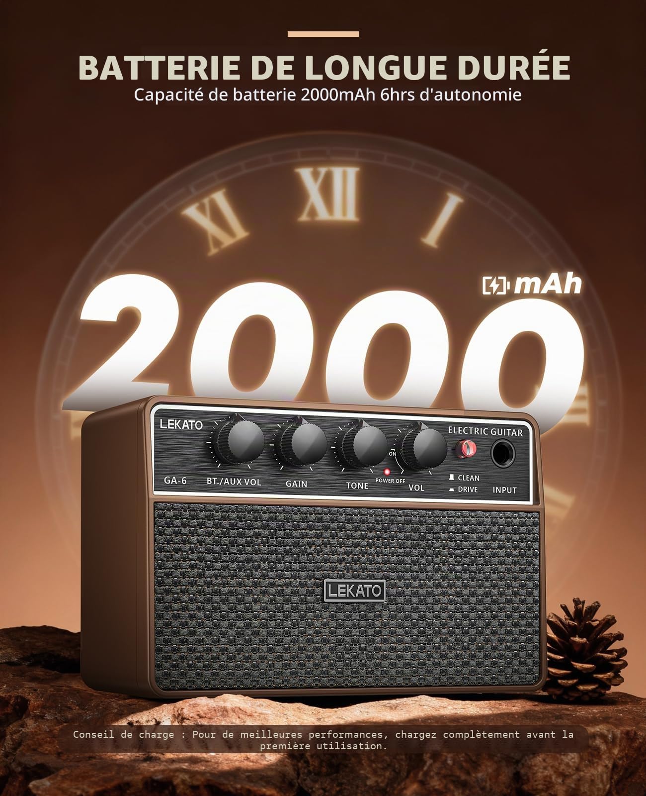 LEKATO Mini amplificateur de guitare électrique rechargeable 10 W avec effets Clean/Overdriver, Bluetooth 5.0, amplificateur de guitare d'entraînement portable pour exercices à domicile et fête