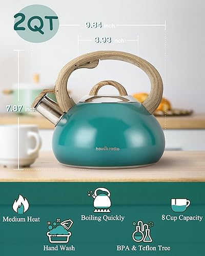 Miniatura 3 de Tetera de té, teteras para estufa, 2.0 cuartos de galón con mango de madera, silbato fuerte, tetera de acero inoxidable de grado alimenticio, para