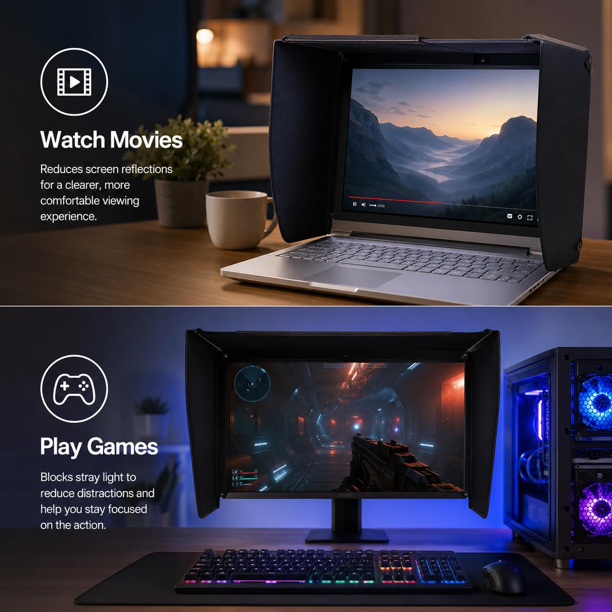 Computer-Monitor-Sonnenschutz, verstellbarer Blendschutz mit faltbaren Seitenteilen für Büro- und Gaming-Bildschirme von 43,2 bis 71,1 cm (17 bis 28 Zoll)