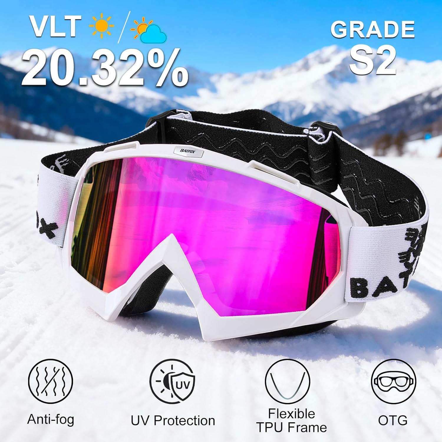 BATFOX Anti Fog Ski Goggles OTG for Adults & Kids, Snowboard Goggles with 100% UV Protection & Anti-Slip Fit for Skiing - Image 3
