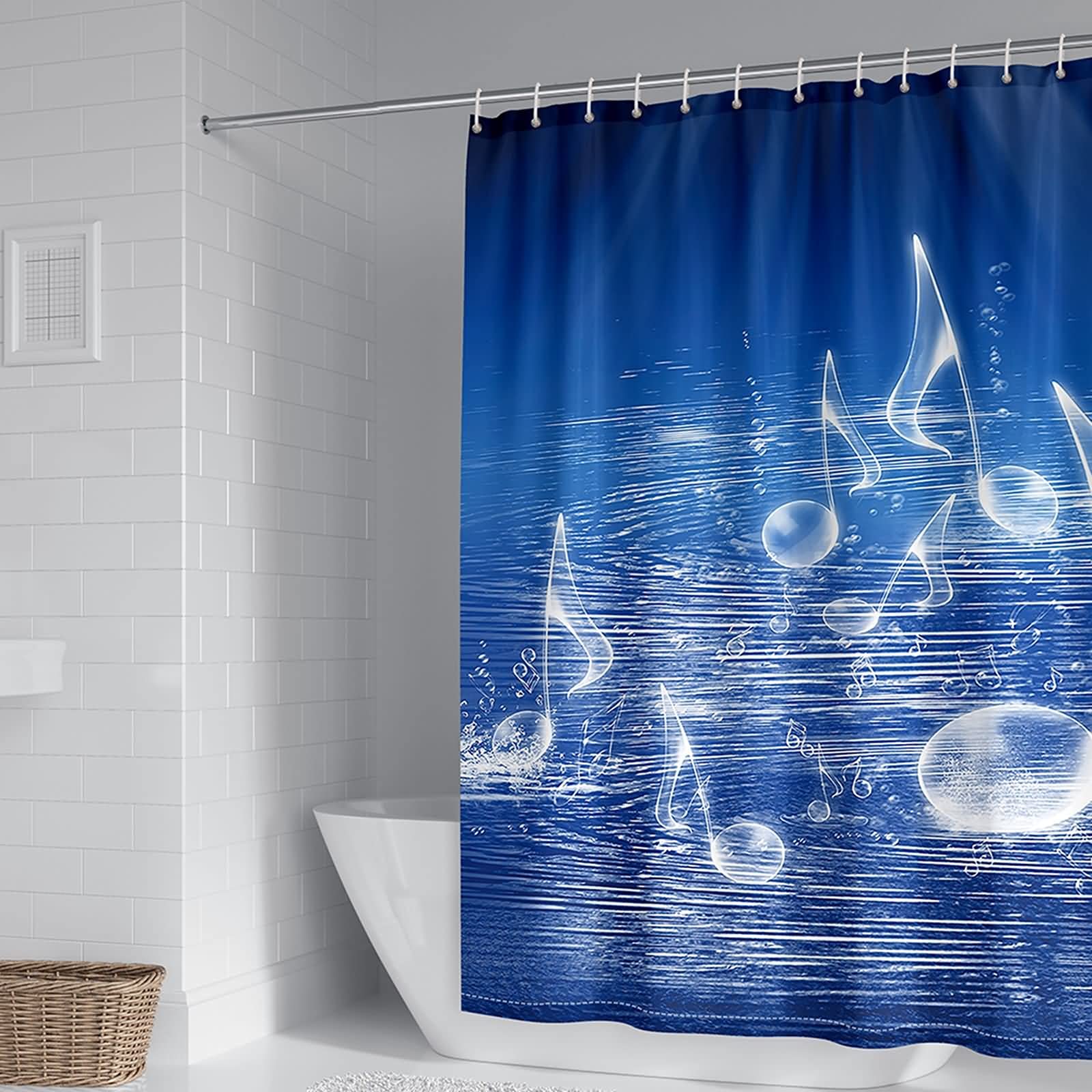 Rideau de douche notes de musique pour décorer une salle de bain bleue
