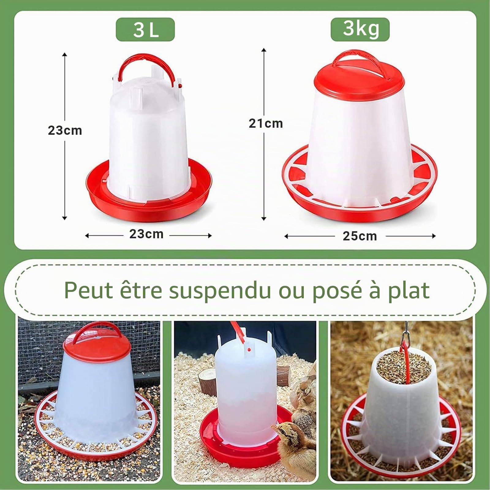 Lot de 2 abreuvoirs économiques et mangeoire économique de 3 kg Rouge et blanc