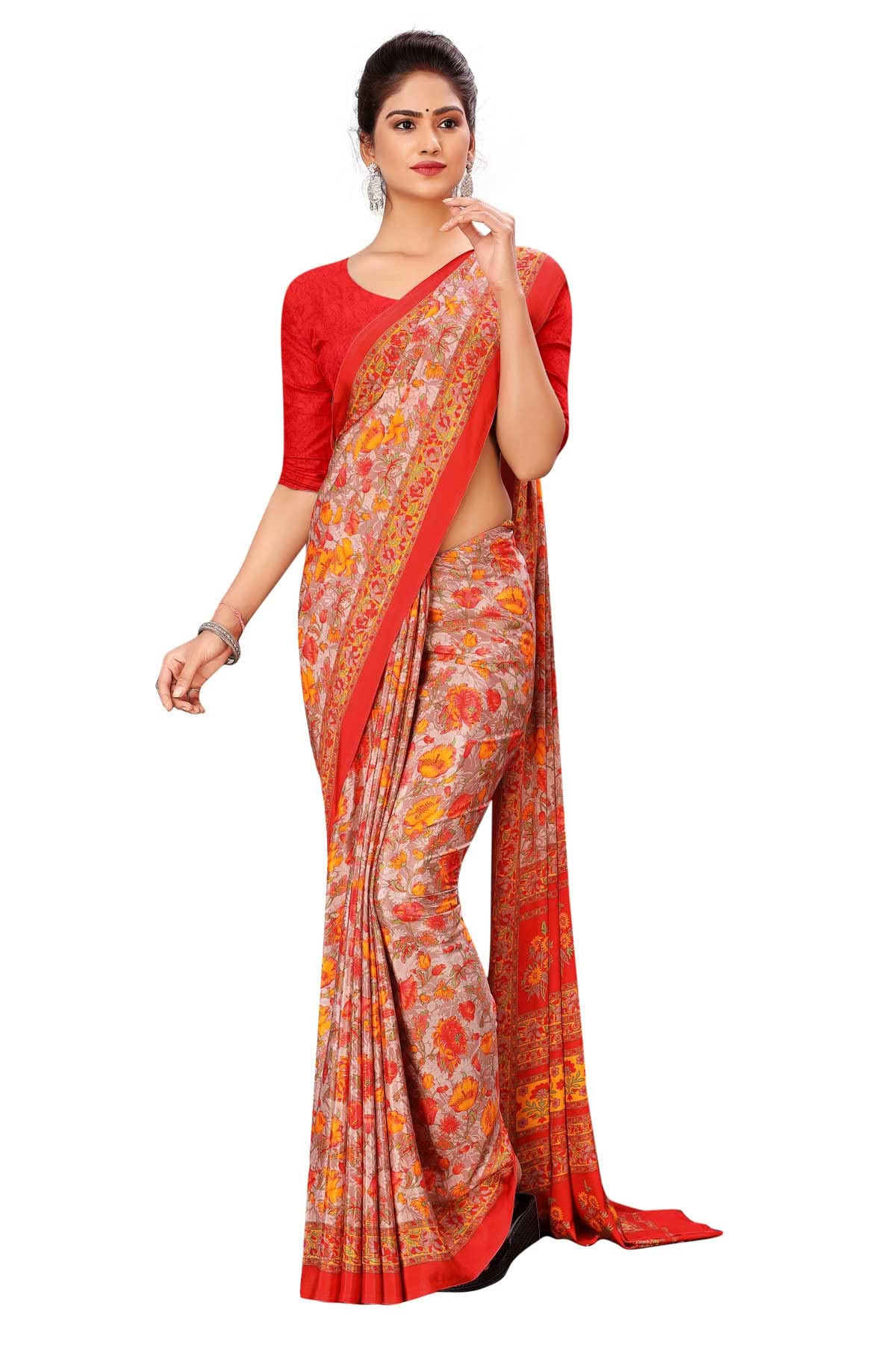 uniform sarees corp Sea Green Women's Premium Silk Crepe Floral Print Jewellery Showroom Uniform Sarees With Blouse Piece-picture-17