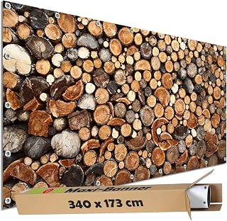 TRIOSK Sichtschutz Garten Dekoration Plane groß mit Motiv Holz Stapel Baumstämme Motivbanner blickdicht für Terrasse Zaun Gartenzaun Gartenposter PVC Zaunblende 340x173 cm