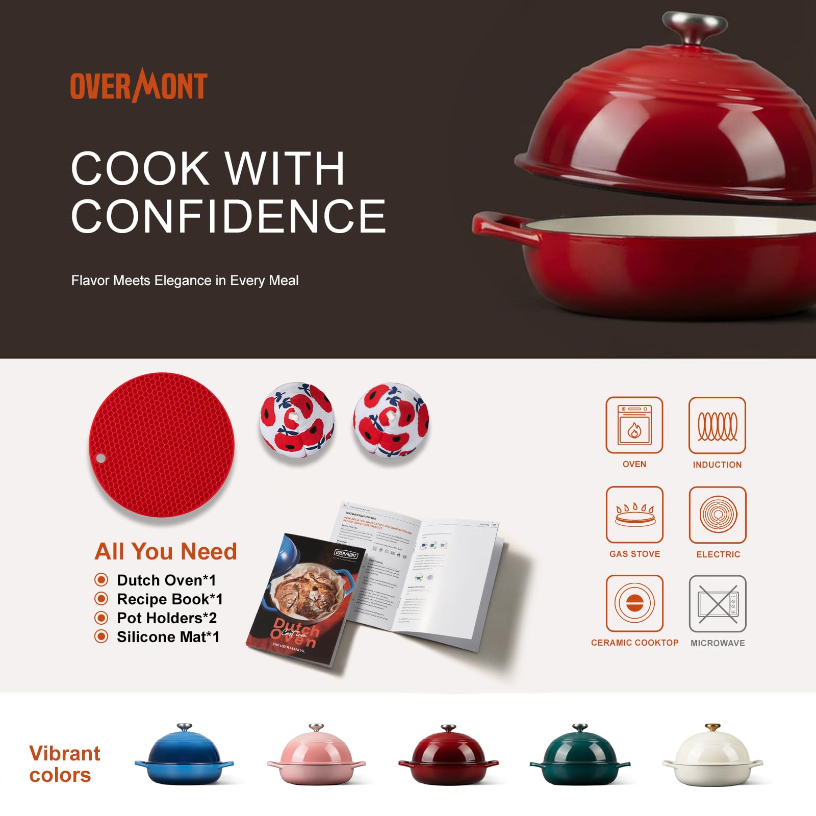 Overmont Pentola in Ghisa Smaltata per Pane - 5.7L Casseruola con Coperchio e Libro di Ricette - Per Cucina, Forno, Cuocere, Stufare e Arrostire - Rosso