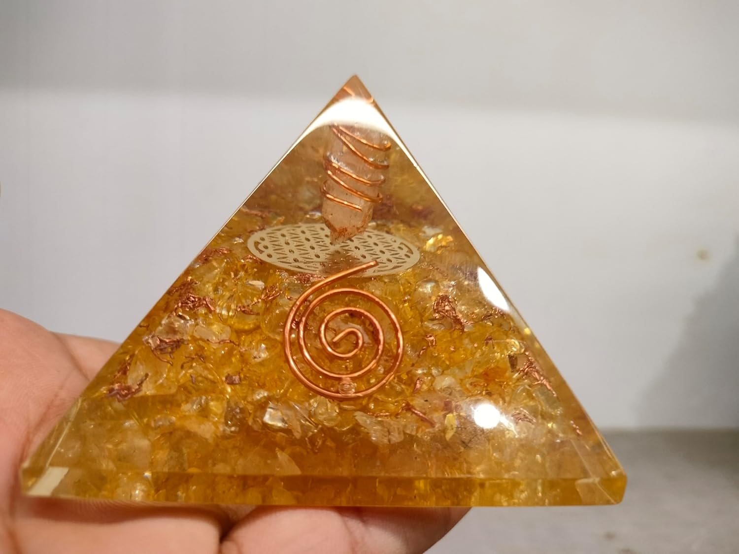 Citrine Orgone Pyramid for Success & Motivation | Orgonite Pyramid with Copper Coil & Clear Quartz for Chakra Protection & Positive Energy