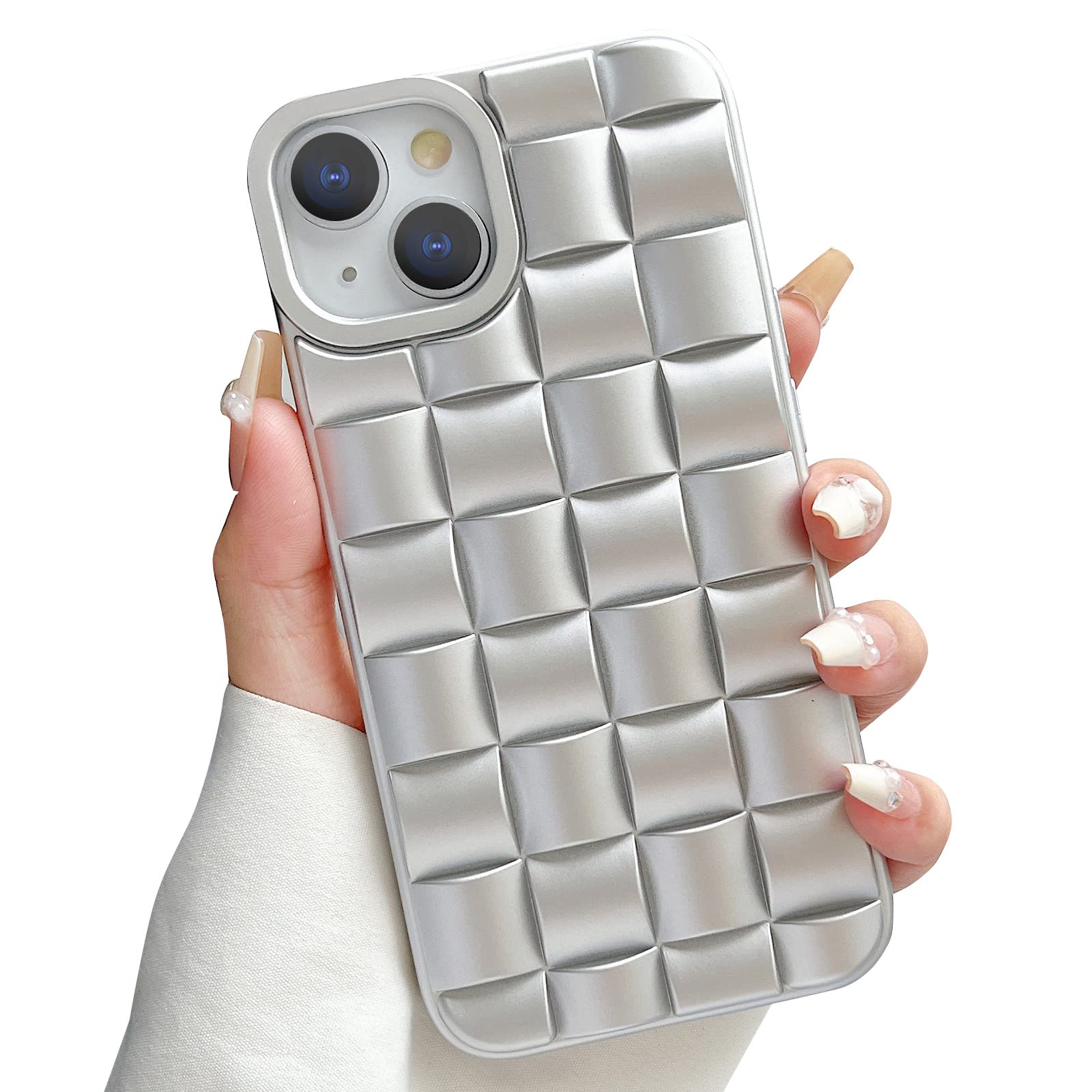 SmoBea Compatible with iPhone 13 case iPhone 14 case 6.1 inch, Luxury 3D Laid Silicone Phone Case, Grid Soft TPU Shockproof & Anti-scratch Back Cover for iPhone 13/14 (Siliver)