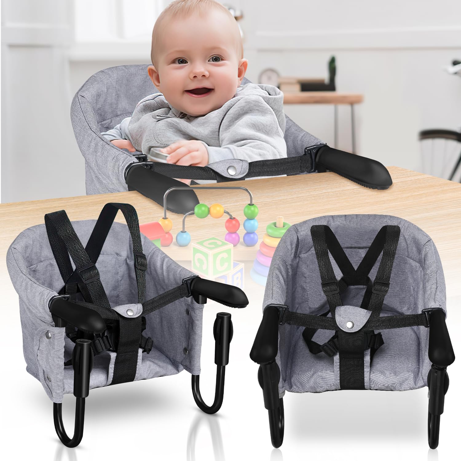 Siège de table pliable pour bébé - Chaise haute portable avec sac de rangement - Charge maximale : 18 kg - Convient pour les voyages à la maison - Gris