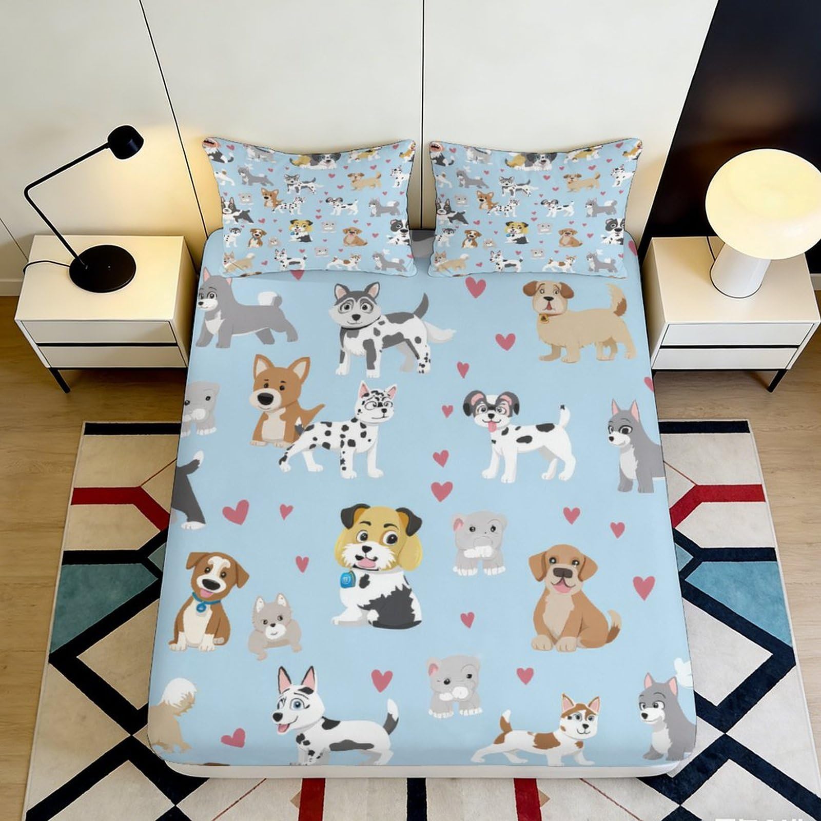 3D Printed Cute Dog Pattern Fitted Sheet Microfiber Soft Durable Cartoon Puppy Mattress Cover for Bedroom Dormitory Guest Room Decor Protection 90x200x25cm