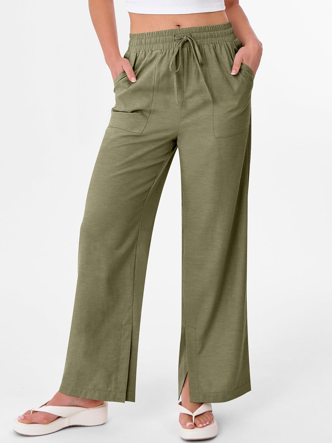 ANRABESS Womens Wide Leg Palazzo Linen Pants High Waist Split Ankle Casual Lounge Beach Vacation Pants 2026 Spring Summer - Image 2