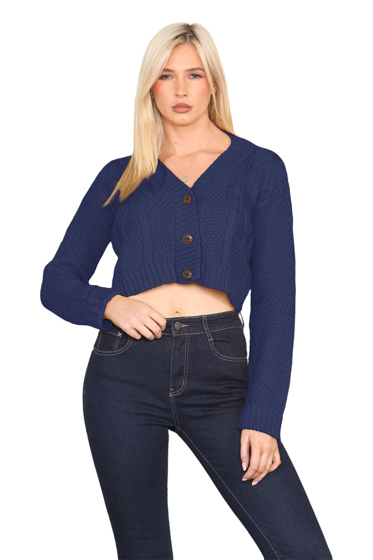 Janisramone Women's Navy Janisramone® Cable Knitted Cardigan, 3 Buttons Cropped Jumper Casual, Long Sleeve Top, Chunky Winter Cardigans For Uk, Short Warm Sweater - Party Jumpers