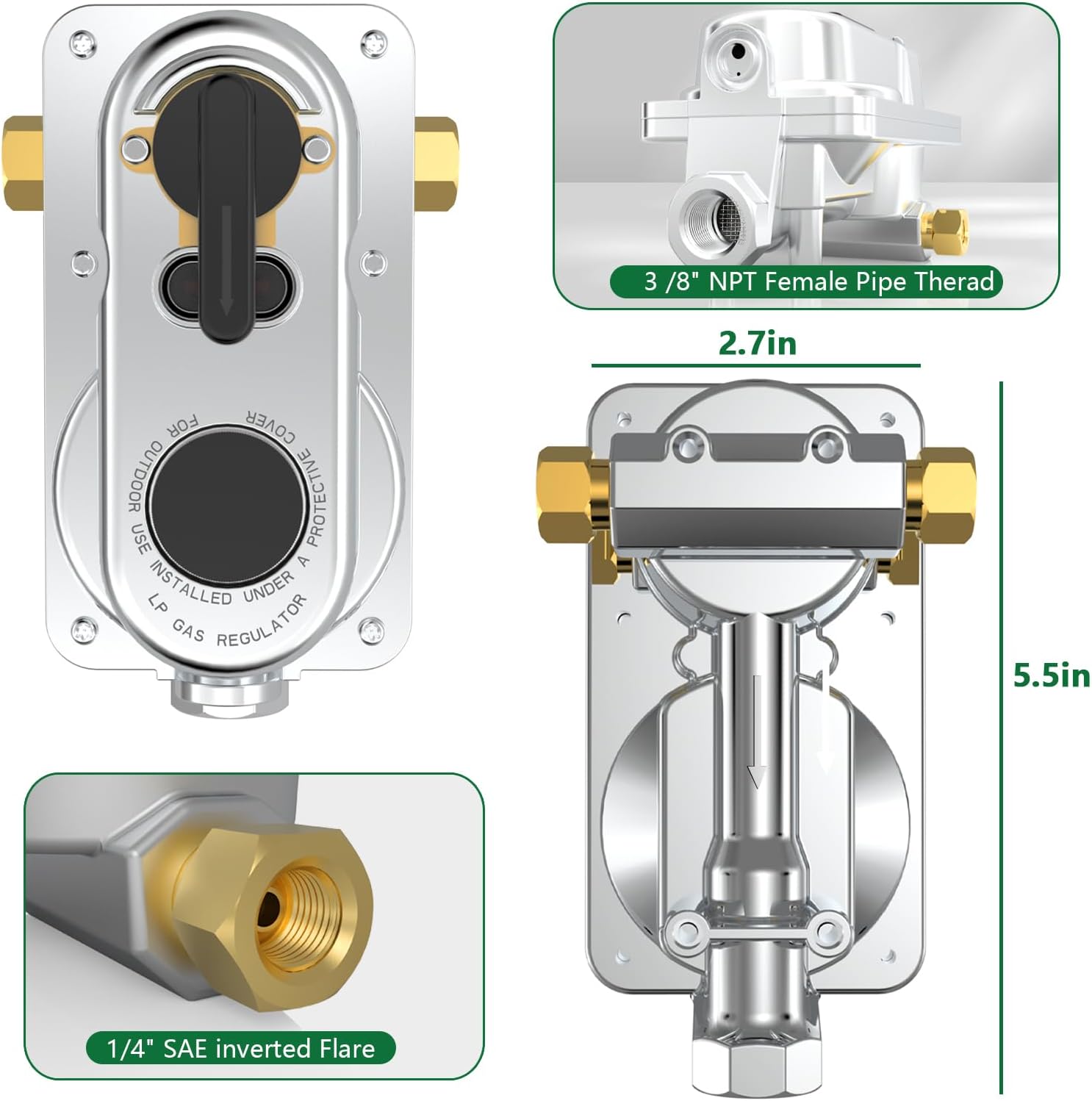GardenNow 2-Stage Automatic Changeover LP Propane Gas Regulator with Two 15" RV Pigtail Propane Hoses with Gauge, QCC1 x 1/4" Inverted Male Flare, Propane LP Gas Regulator for RV Camper Trailer