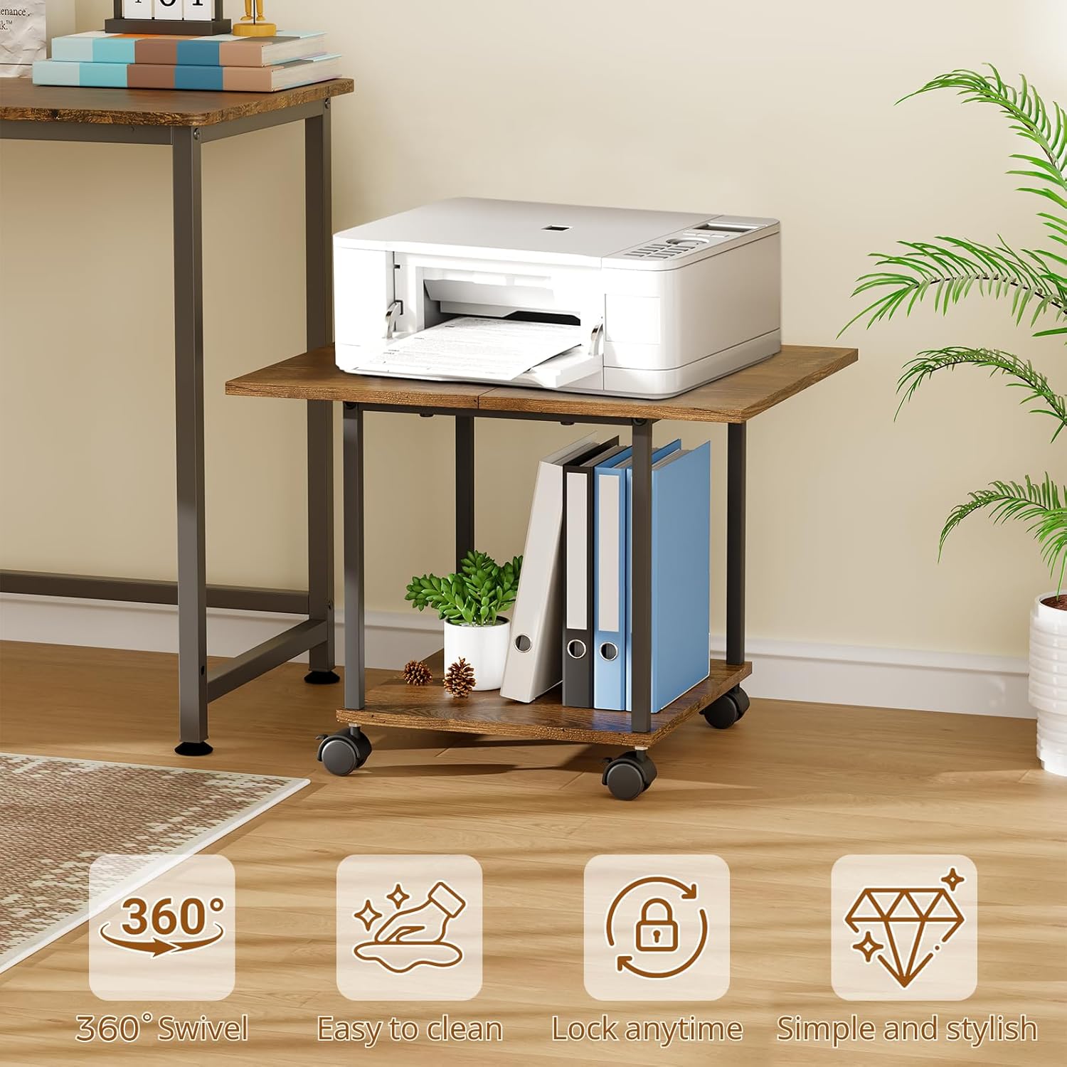 BEWISHOME Printer Stand,2-Tier Industrial Mobile Printer Stand,Rolling Cart with Storage Shelf,Lockable Wheels,for Home,Office (Brown) 99BDZ01Z