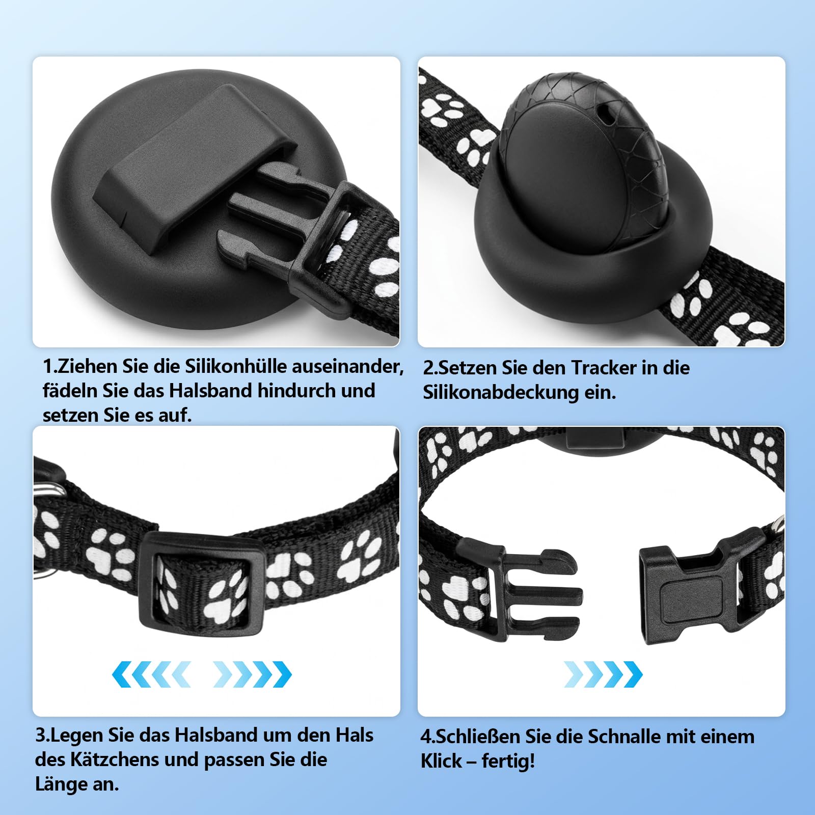 Katze GPS Tracker Kompatibel mit iOS ＆ Android, Katzen Halsband Tracker Ohne ABO, GPS-Tracker für Haustierhalsbänder, IPX6 Wasserdicht, Geeignet für Katzen, Hunde und andere kleine Haustiere - Schwarz
